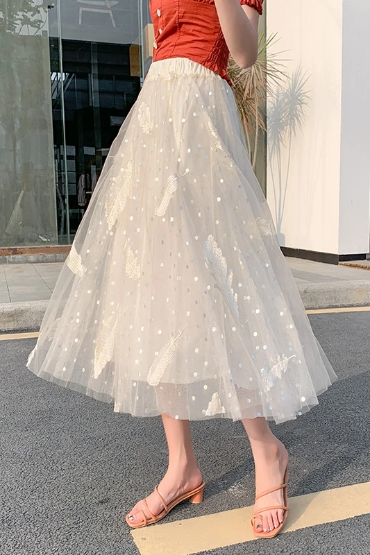 

Korean Style Spring Summer Women Fashion Dot Print Mesh Sexy Gauze Skirt Casual Pleated Bubble High Waist Embroidery Skirt