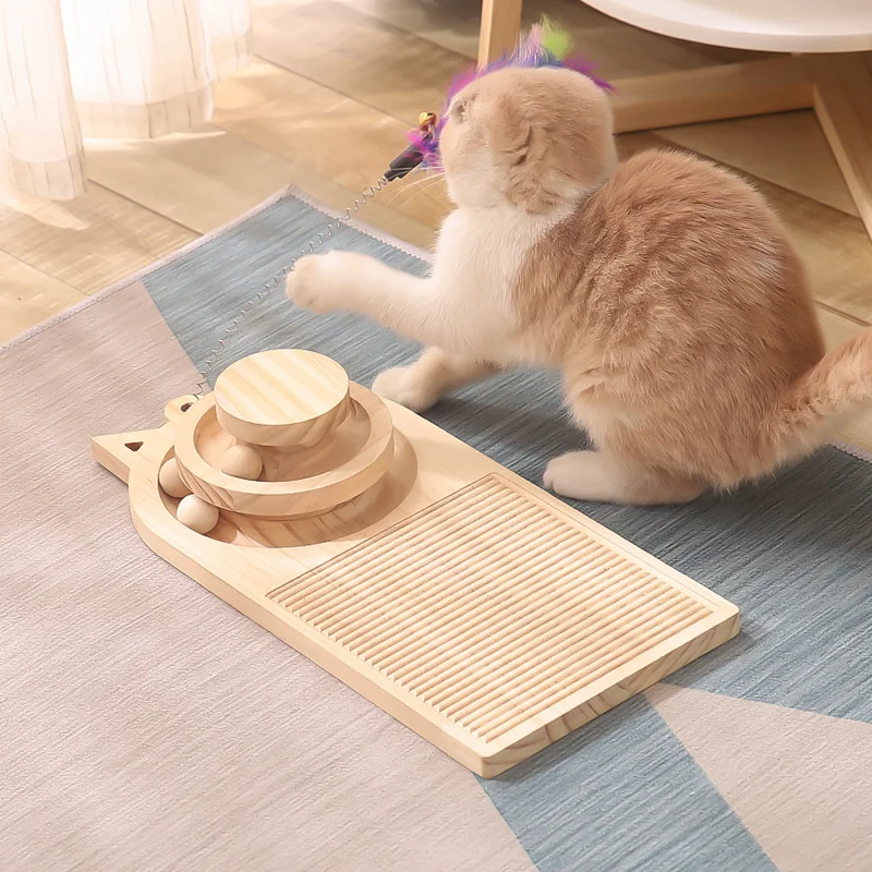 

2 in 1 Cat Toy Turntable Cat Scratching Board Funny Feather Cat Stick Solid Wood Cat Toy Grinding Claws Funny Cat Supplies