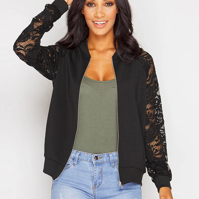 

Lace Stitching Jacket Womens Fashion Zipper Slim Fit Solid Color Hollow Lace Long Sleeve Hollow Female Jacket