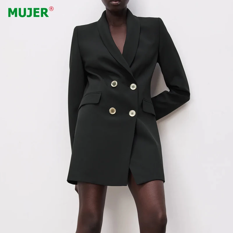 

Женский двубортный Блейзер Za, черный длинный пиджак с длинным рукавом, офисная одежда на осень 2021