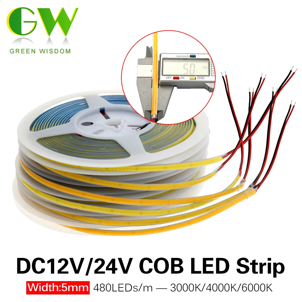 

5mm Super Thin COB LED Strip DC12V 24V 480LEDs/m Flexible LED Lights Warm Cold White Light Bar 3000K 4000K 6000K LED Tape 5m/lot
