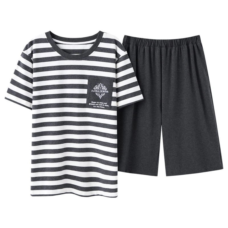 

Short Sleeve Men's T Shirt Cotton Loose Plus Size Home Wear O-Neck Casual Sleepwear Summer Fashion Gray Stripe Men Pajama Sets