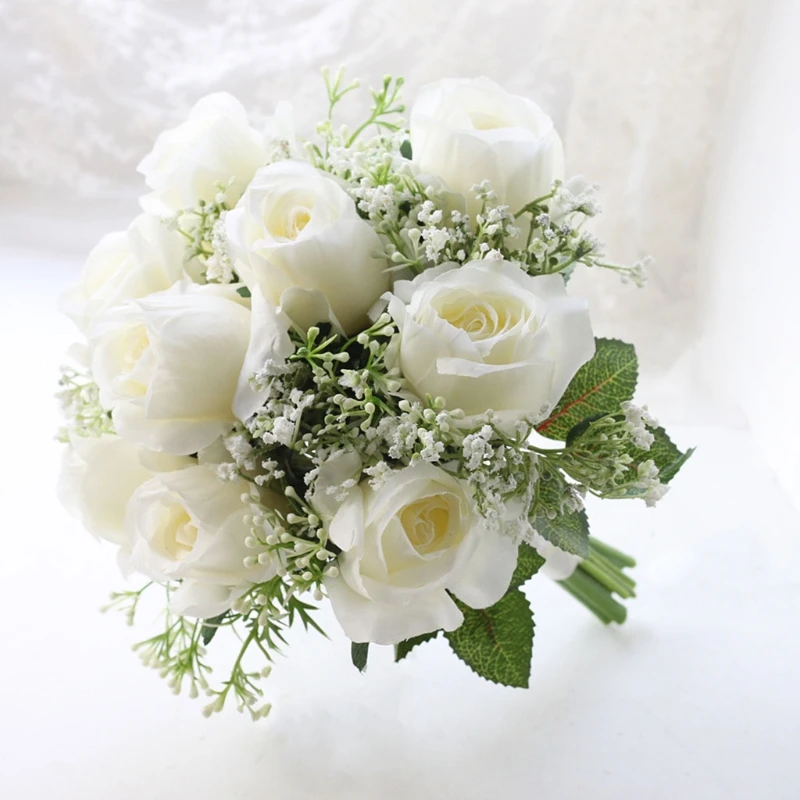 

Artificial Flower Roses with Babysbreath Leaves Wedding Bridal Bouquet Realistic Faux Plants Table Centerpiece Garden Party