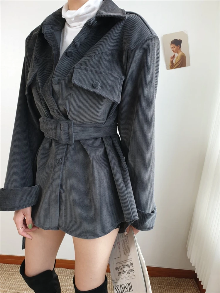 Colorfaith Новинка весна зима женские вельветовые куртки на шнуровке с карманами воротник поло женские модные женские топы с поясом JK8028