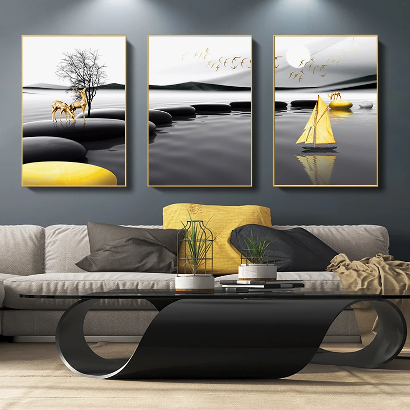 

Modern Landscape Poster Black Yellow Boat Deer Wall Art Stone Canvas Painting Nordic Print Pictures for Living Room Decoration