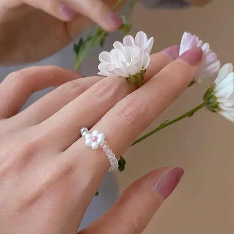 Женское кольцо с прозрачными цветами HangZhi белое ручной работы в Корейском стиле