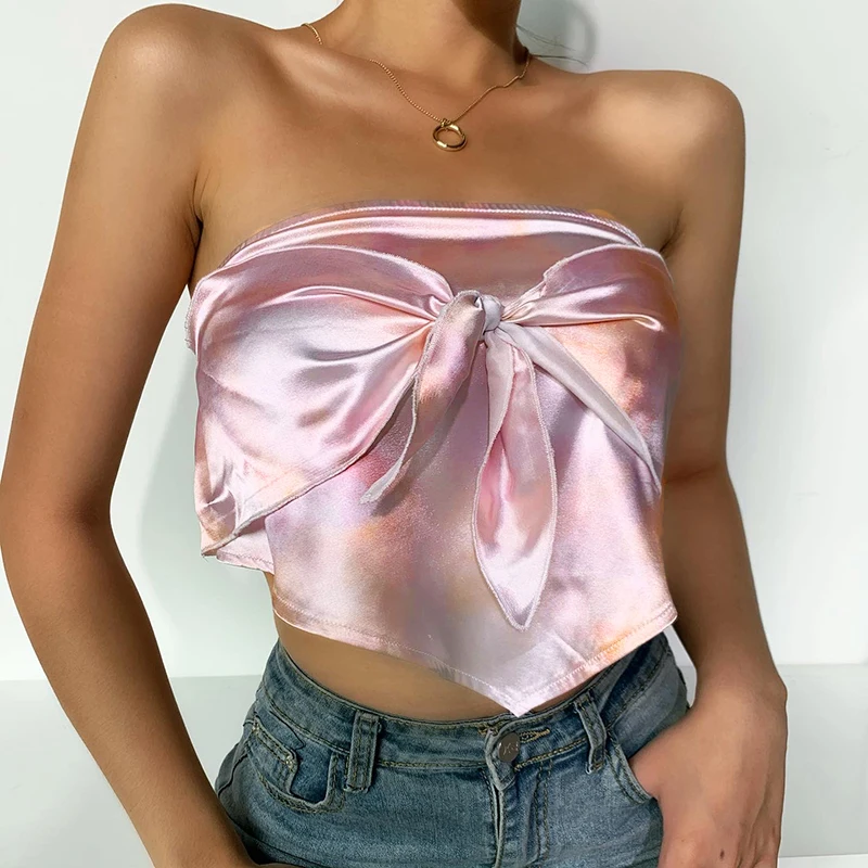 

Silk Tube Tops Women Bow Crop Top Asymmetric Strapless Stretch Backless Summer New Elegant Casual Streetwear Tank Tops Nightclub