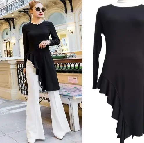 2019 новый летний круглый воротник с длинным рукавом серый асимметричный подол