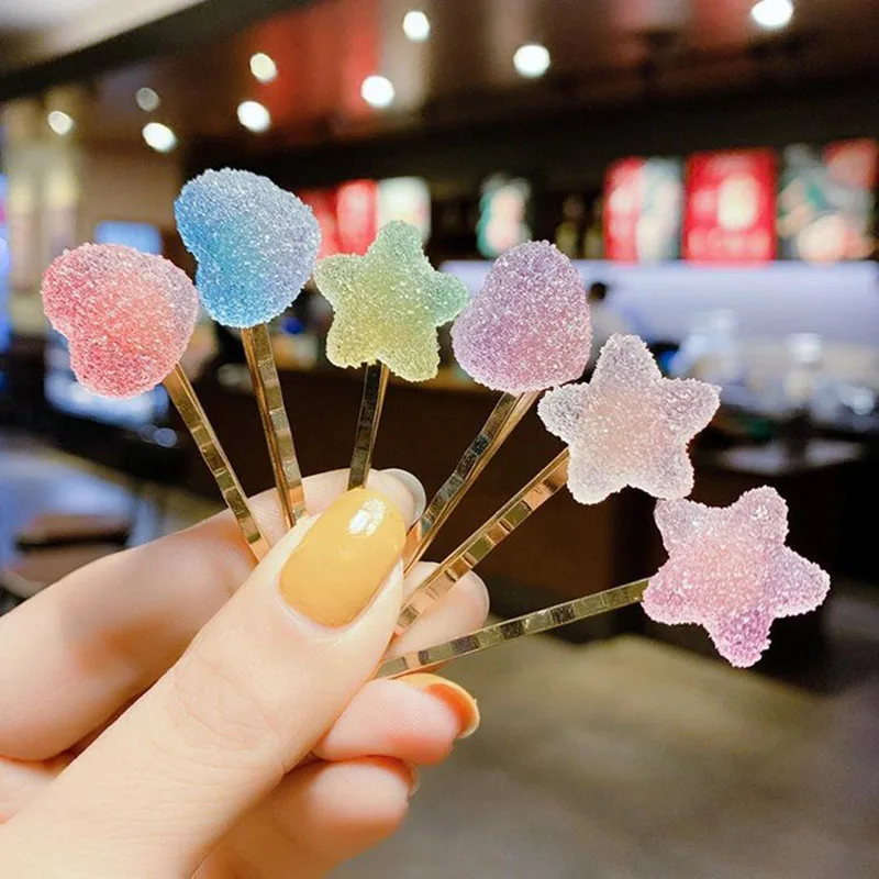 

2Pcs Sweet Heart Star Candy Color Minimalist Hair Clip Hair Grip Lovely Barrettes Hairpin Hair Accessories For Trendy Women