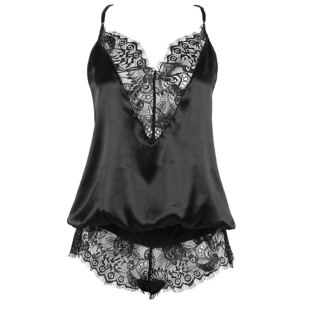 

Sexy Women Solid Color Backless halter lace bodysuit transparent female Lace V Neck Backless Erotic Sleepwear One-piece Jumpsuit