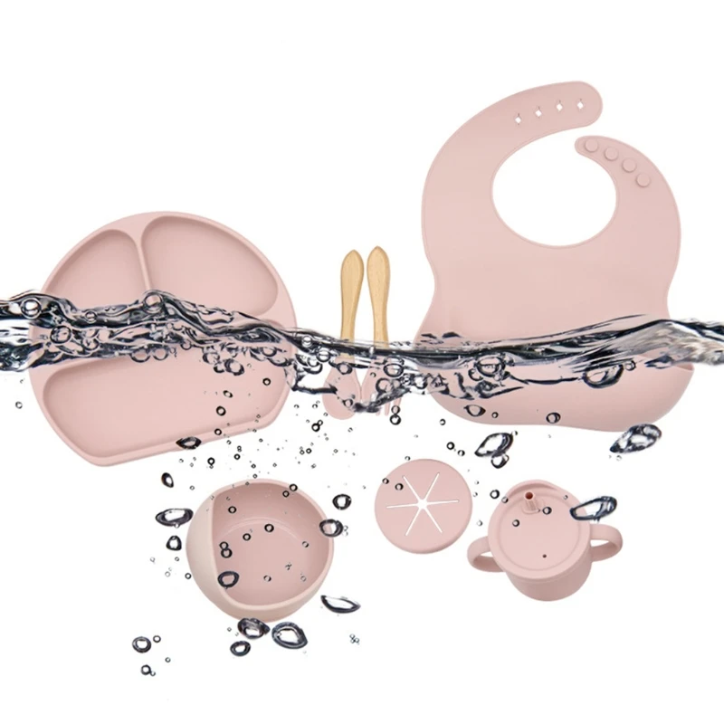 

Baby Silicone Bib Divided Dinner Plate Suction Bowl Spoon Fork Water Cup with Lid Set Training Feeding Food Utensil Dishes Kit