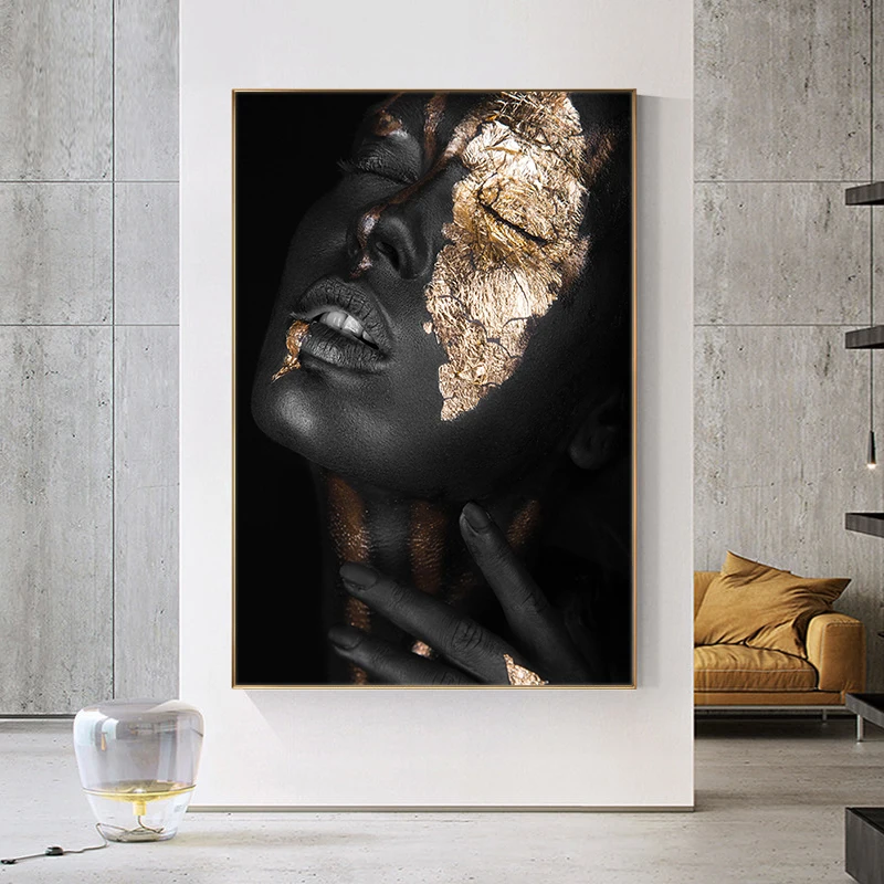 Постер черного и золотого цвета для женщин Картина на холсте с красивым лицом