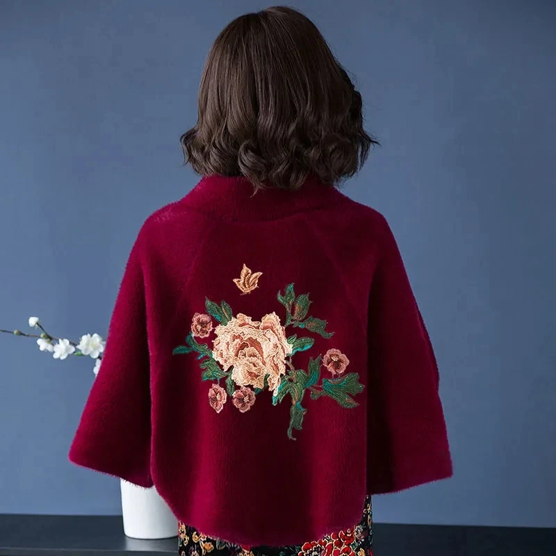 

Imitated Mink Velvet Cardigan Women's Autumn Winter 2021 New Loose Cloak With Dresses Shawl Jacket Female Embroidered Outwear