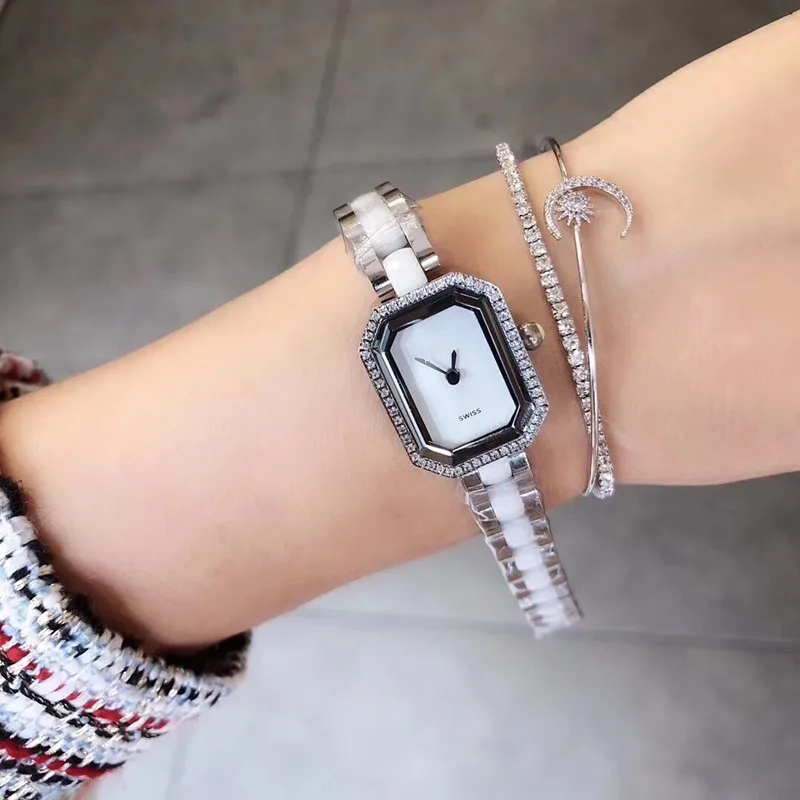 Женские керамические часы бойфренды с фианитом прямоугольный пояс из