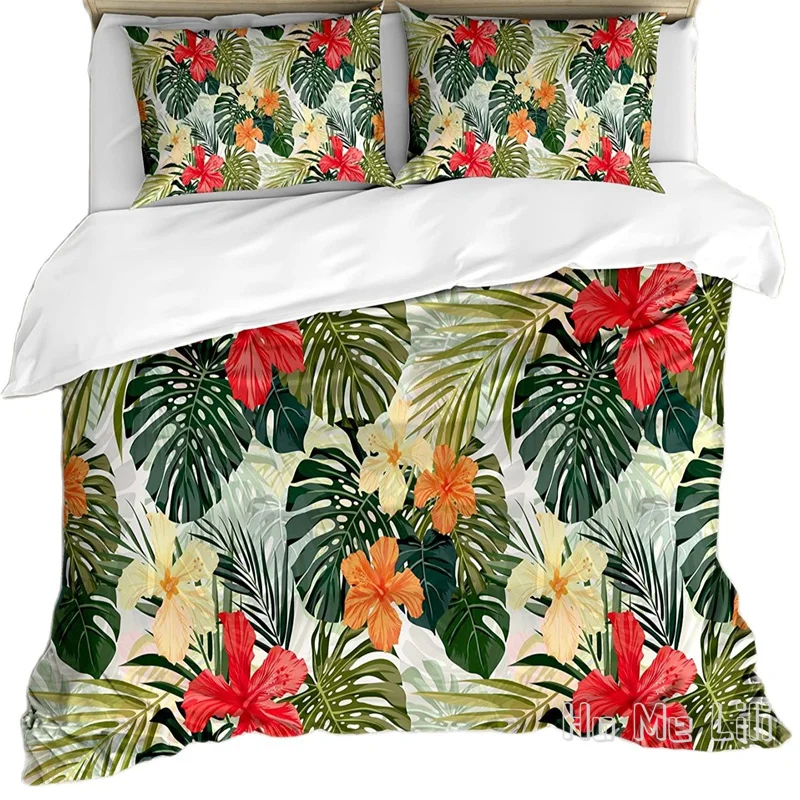 

By Ho Me Lili Duvet Cover Set Hawaiian Summer Tropical Island Vegetation Leaves With Hibiscus Flowers Decorative Bedding