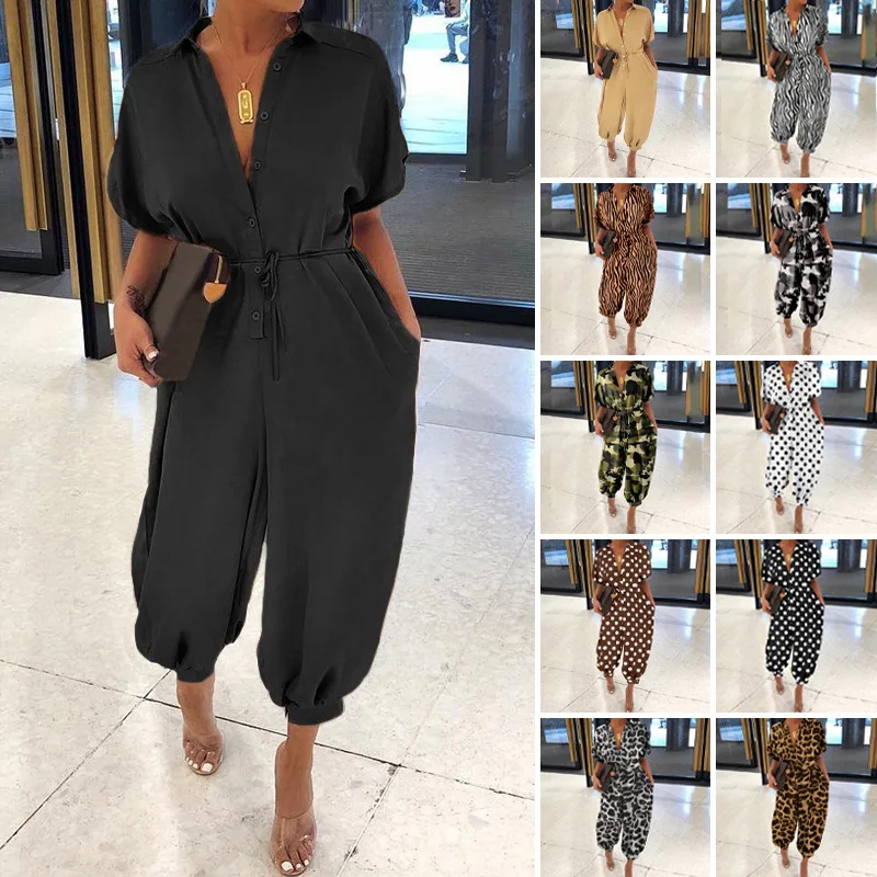 

Women Leopard Print Jumpsuit Retro Summer Short Sleeve Lace-Up Playsuit Overalls Casual Button V-Neck Pocket Romper Bodysuit 5XL