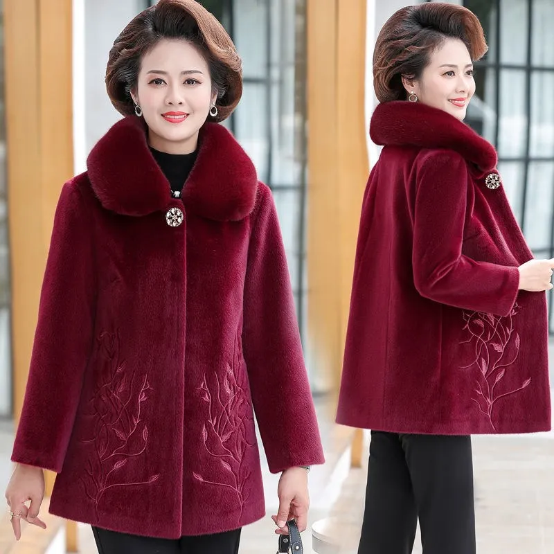 

Winter Mothers Wear Fur Collar Coat Fashion Slim Top Noble Elegant Long-Sleev Mid-Long Exquisite Middle-Age Delderly Trend