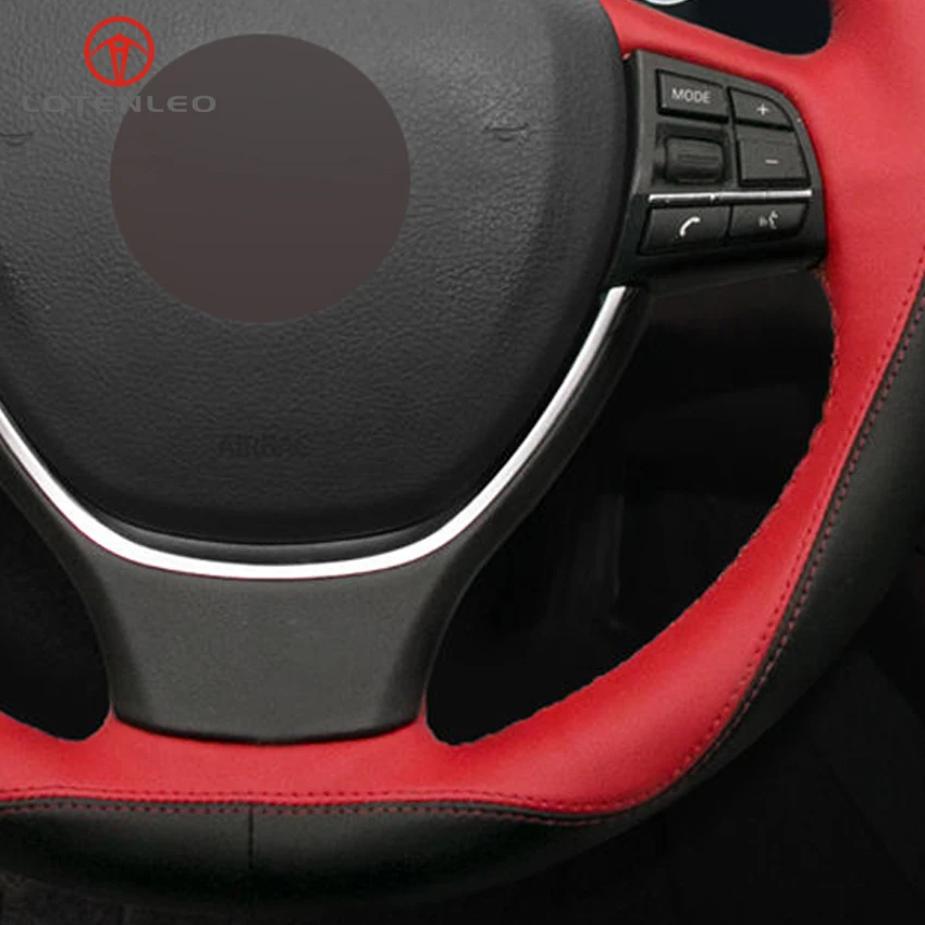 

LQTENLEO Black Red Leather Car Steering Wheel Cover For BMW 6 Series 640i 650i F12 F13 F06 7 Series 730Li 740Li 750Li F01 F02