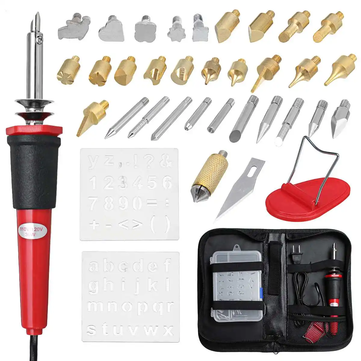 

37Pcs/Set 30W 110-220V Electric Soldering Iron Pyrography Tool Welding Tips Kit Wood Burning Pen Set With Stand