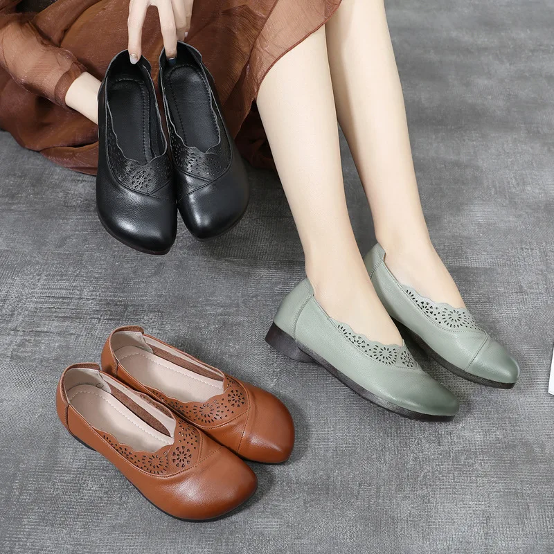 

Genuine Leather Women Shoes Round Toe Shallow Ladies Casual Flat Shoes Retro Handmade Loafers Comfort Women Soft Single Shoes