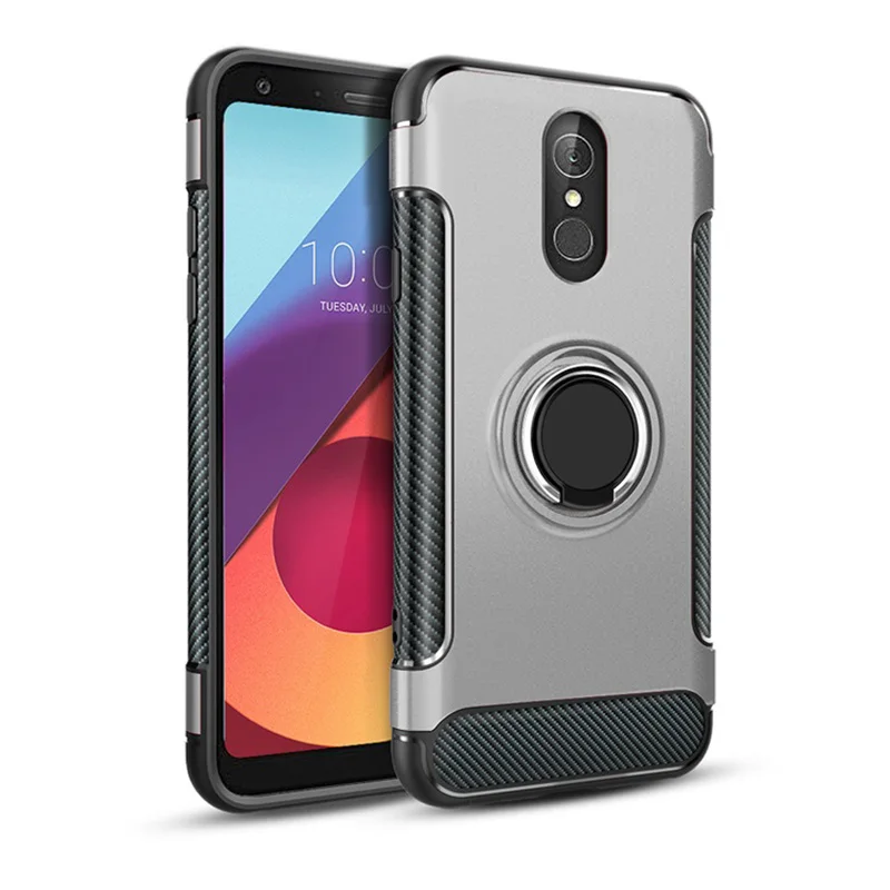 Q8 корпус для LG Q7 армированный чехол-накладка полная защита кольцо магнетизм держатель телефона задняя оболочка СПС LG Q8 Q 7 8 ThinQ Coque Funda - Цвет: Серебристый