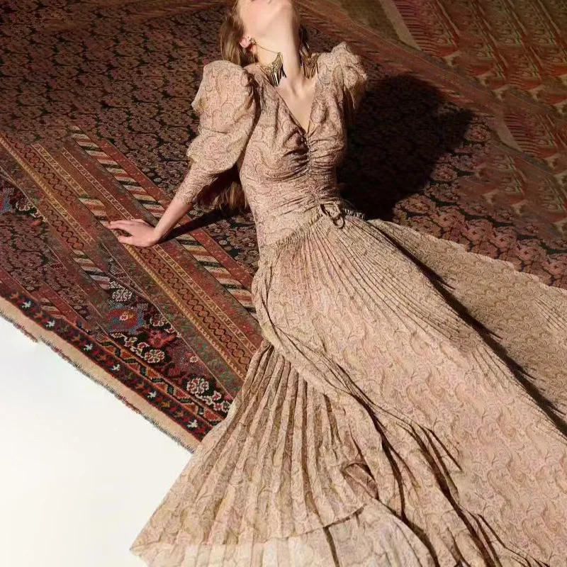 Женское винтажное платье макси Ruched с длинным рукавом цветочный принт Высокая