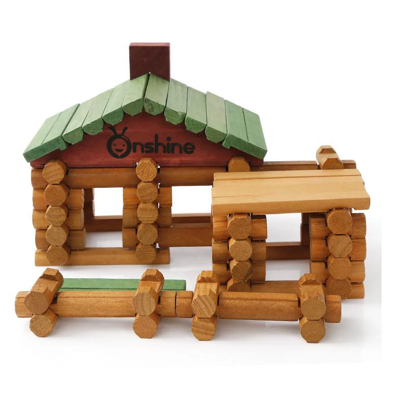 Juego de bloques de construcción de cabaña de madera para niños, casa de madera, granja y tienda