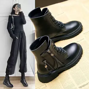 Soft Leather Martin Boots Female British Style 2020 Autumn Winter New Plus Velvet Thick-Soled Heightened Short Motorcycle Boots
