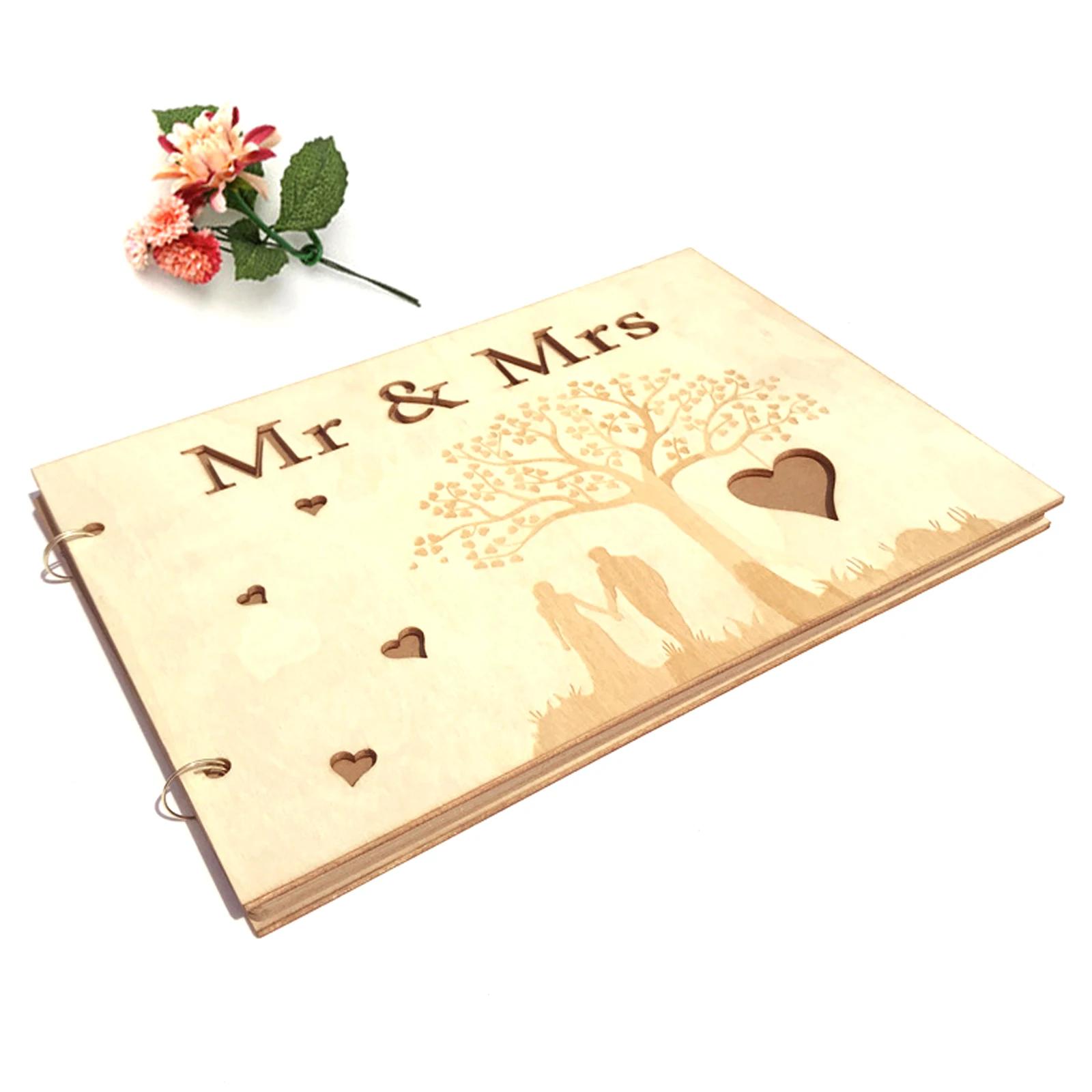 

Romantic Wedding Signature Guest Books Hollow Mr&Mrs Heart Design Wedding Guestbook Blank Check In Book DIY Album Wooden Decor