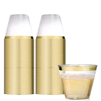 10 pcs disposable plastic cups tableware supplies bronzing gold rimmed 9oz plastic transparent cup for wedding birthday parties
