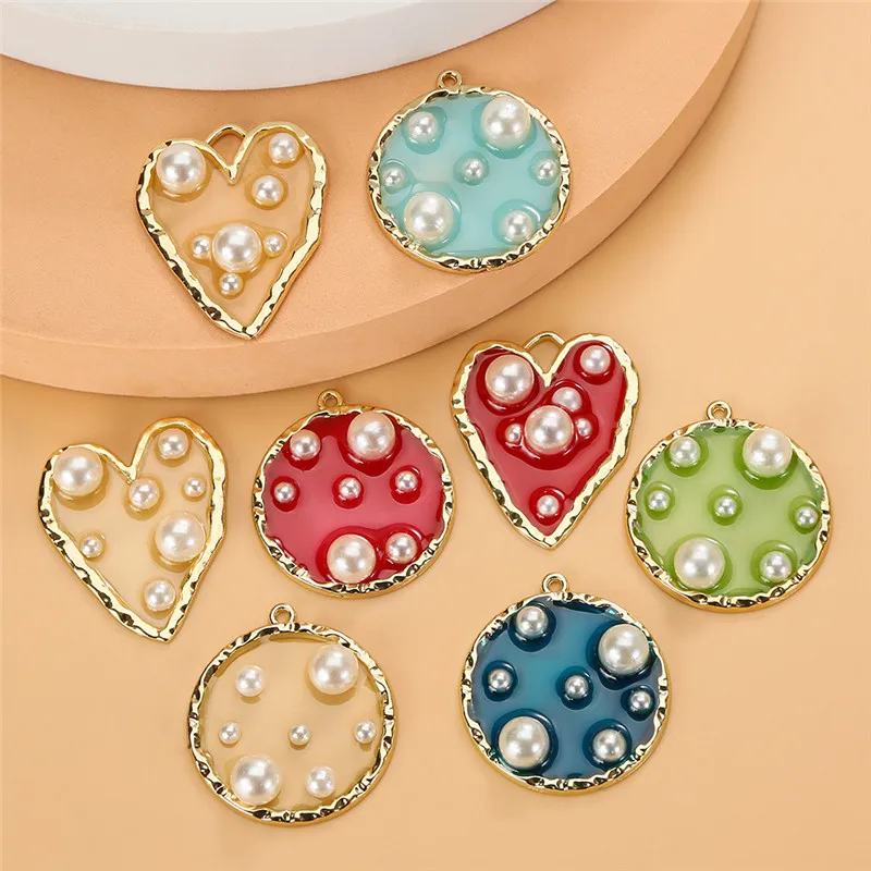 

YEYULIN 10pcs/lot Heart Shape Colorful Enamel Charms Round With White Pearl Oil Drop Pendant For Jewelry Making Accessories