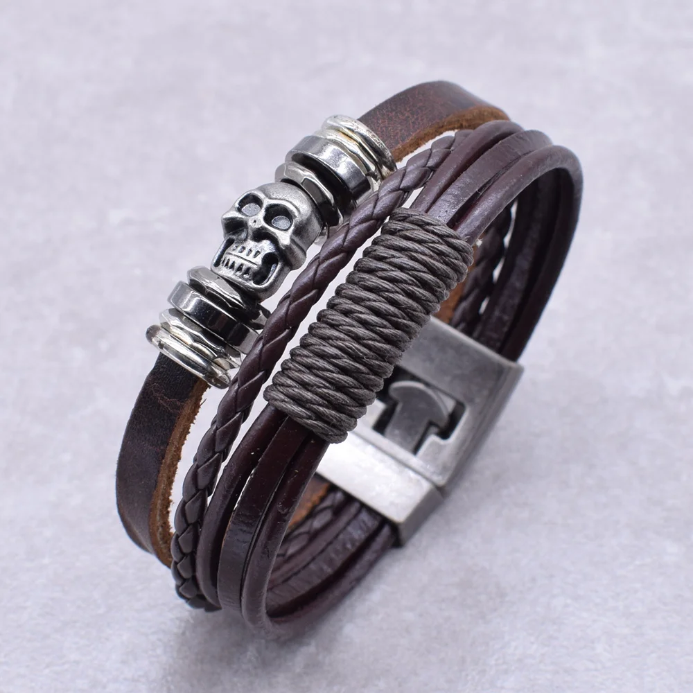 Punk Mens Skull Charm Bracelet Multi-layer-woven Rope Leather Handmade Jewelry Gifts Armband Heren | Украшения и аксессуары
