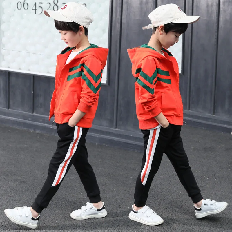 Spring Autumn Casual Teenage Boys Sport Wear 3 Piece Sets Hooded Striped Jackets+Pullovers+Sweatpants Kids Tracksuit 4-15T | Детская