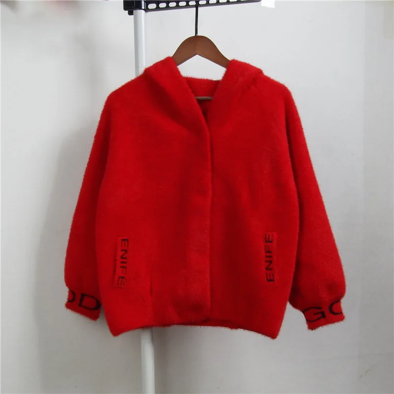 D00800 red Осенне-зимняя Светодиодная лампа направленного света, пальто с капюшоном, свитер для женщин, модный принт, повседневные норковые свитера, Толстая теплая верхняя одежда для женщин - Цвет: D00800 red