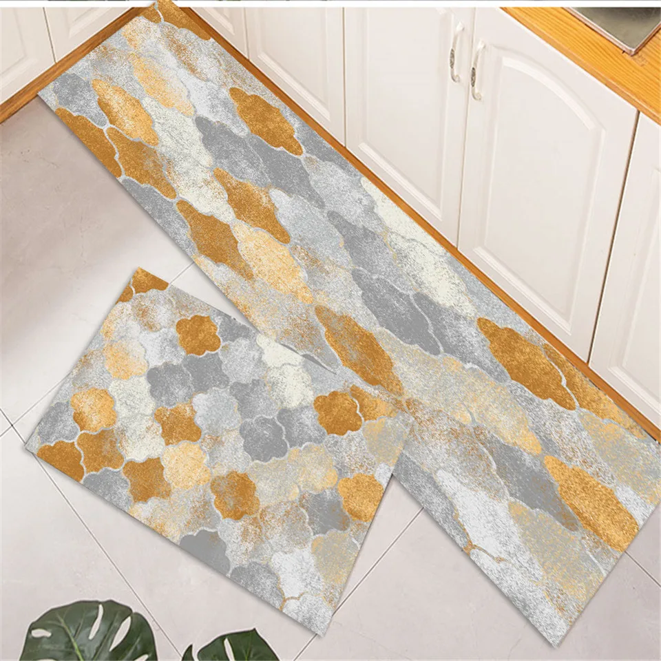 

Retro Grey Orange Geometric Flower Washable Kitchen Rug Morocco Style Flannel Bedside Mat Bedroom Doormat Carpet Bathroom Rug