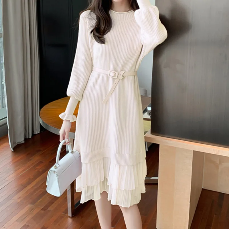 

Fashion Dress Women Long Petal Sleeve Dresses Women Lace Slimming Knitted Clothing High Waist Long Dresses Drawstring Sexy Dress