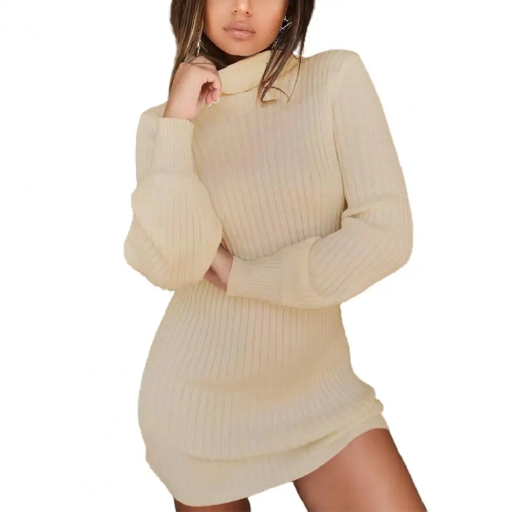 

Casual Lady Dress High Collar Ribbing Solid Color Lantern Sleeve Mini Dress for Daily Wear Elegant dresses for women Vestidos