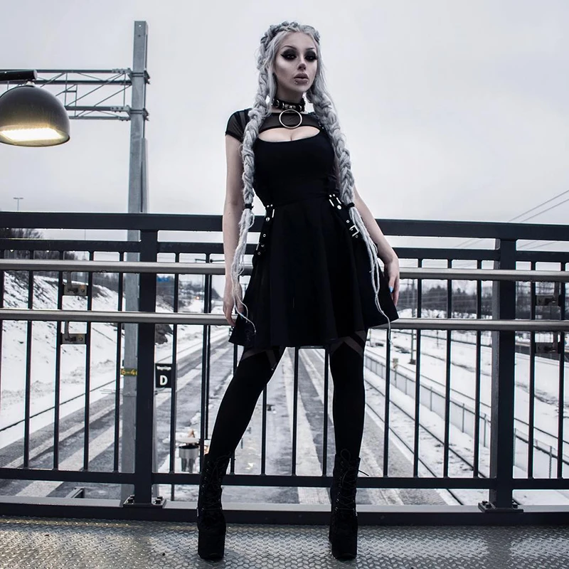 Готическое сексуальное летнее платье женское винтажное черное Сетчатое уличное