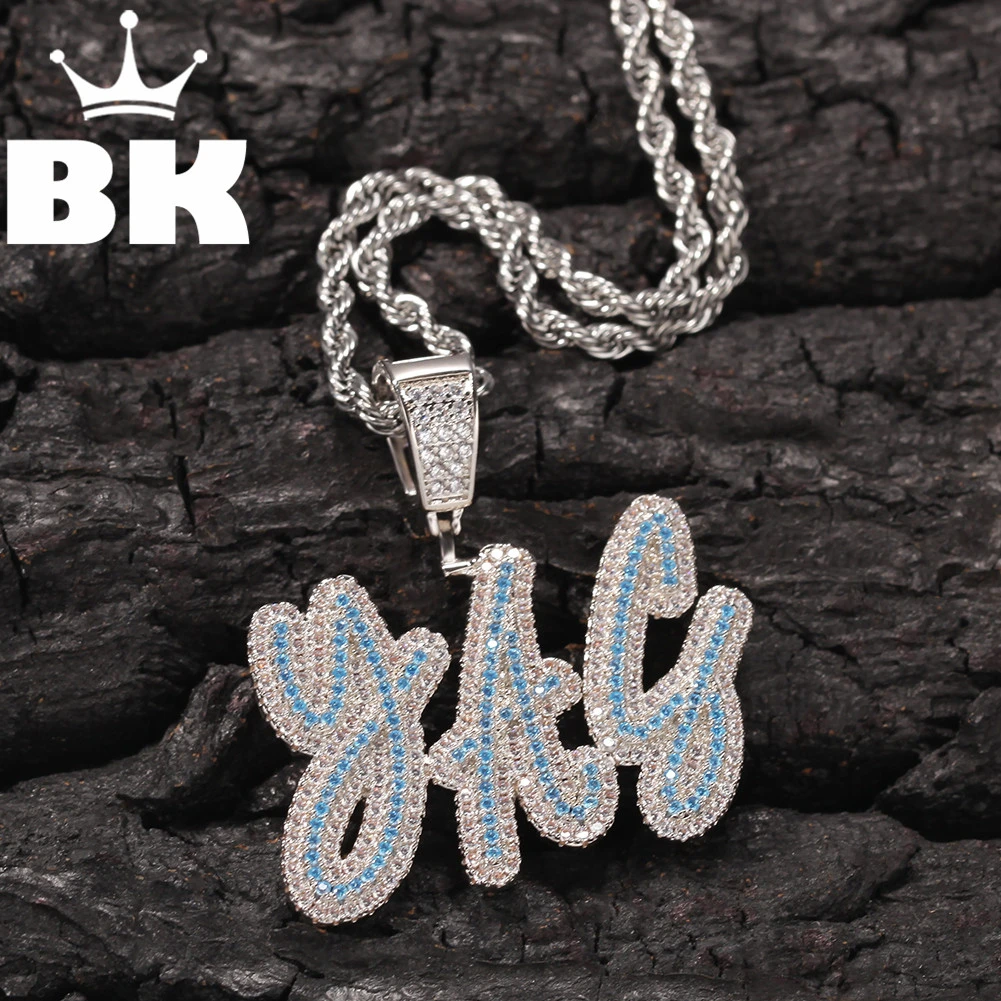 

THE BLING KING Name Necklace Double Layer Font Two Tone Bule Custom Letters Pendant Iced Out CZ Personalised Gift Drop Shipping