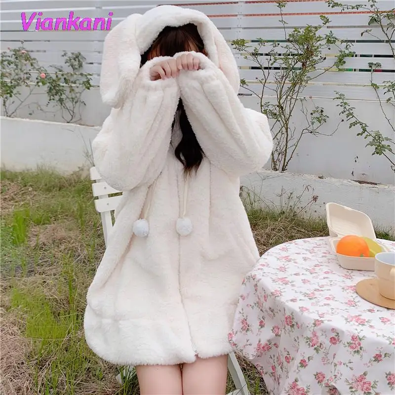 Japanese Style Women Sweet Warm Jacket Kawaii Soft Lambswool Ruffles Rabbit Ears Hooded Coats Autumn Winter Girls Parkas Outwear