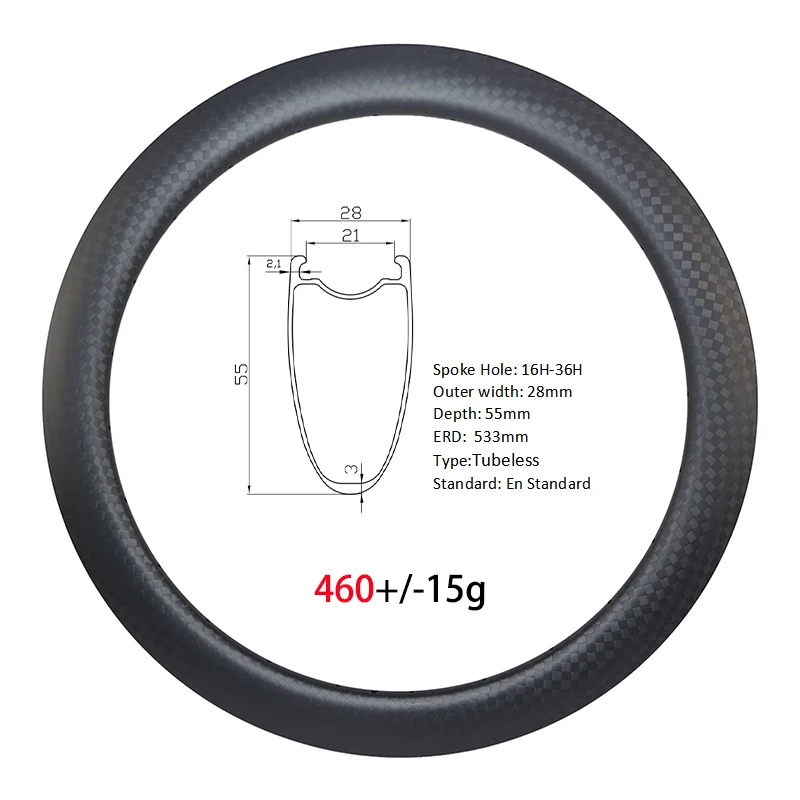 

460g UL 700c 55mm gravel bike clincher tubeless road disc carbon rim 28mm wide 21mm inner wide 12K matte glossy 20H 24H 28H 32H