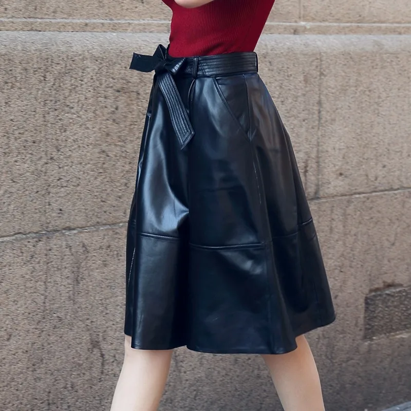 Женская юбка из натуральной овечьей кожи трапециевидная Юбка До Колена с высокой