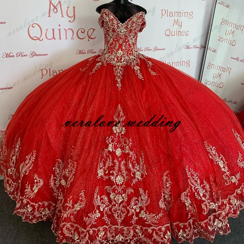 

Red Quinceanera Dress Off the Shoulder Appliques Lace Sweet 15 Prom Party Gowns Crost Back Vestidos Vx De Quinceanera