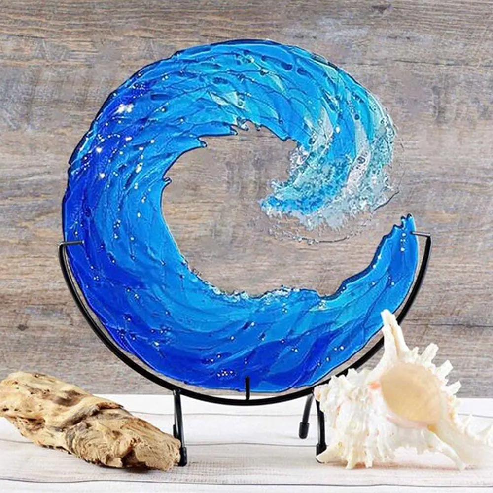 Ocean Wave Fused Glass Sculpture Gradient Blue Wave Sculpture Ornament Decoration Waves Shape Resin Art Crafts For Home Decor