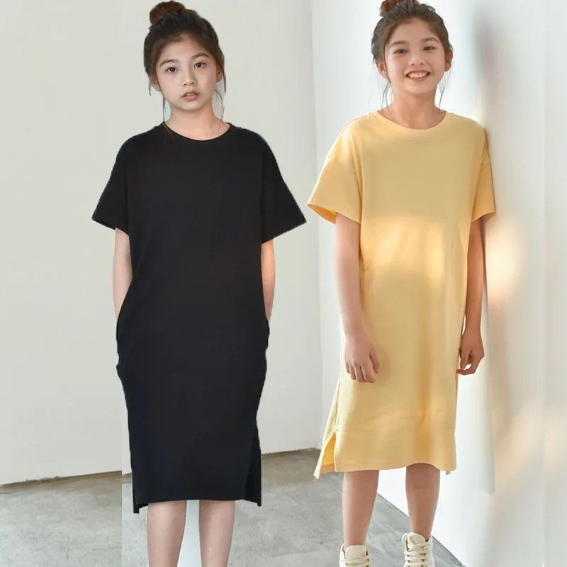 

Новинка лета 2021, длинная футболка из 100% хлопка для большой девочки, повседневные Детские платья для девочек, белая, черная, желтая детская од...