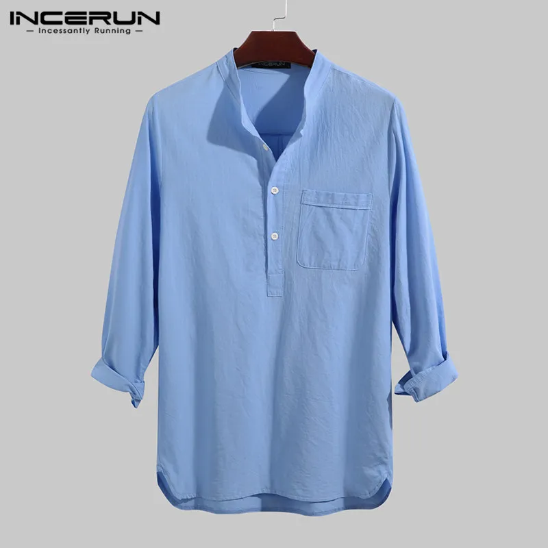 

Рубашка INCERUN мужская с длинным рукавом, брендовая блуза из хлопка, однотонная Повседневная Уличная одежда с воротником-стойкой, в стиле Хара...