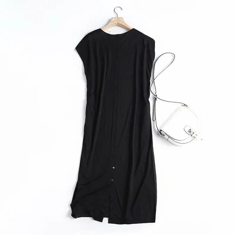 Женское однотонное платье с круглым вырезом простое Свободное длинное