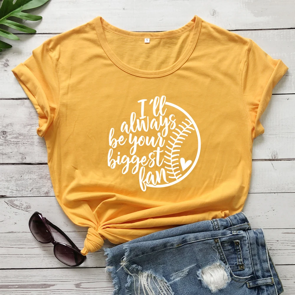 yellow-white text Футболка с принтом Бейсбольного мяча «I'll Always Be Your Big Fan», забавные летние футболки с рисунком Tumblr, подарок на день игры для мамы и фаната - Цвет: yellow-white text