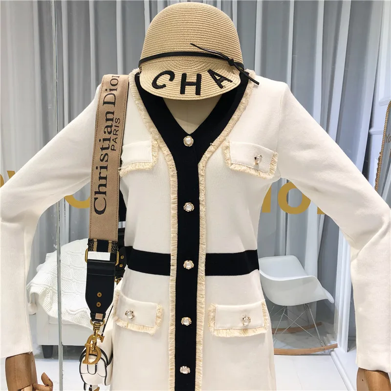 ALPHALMODA осень новое французское вязаное платье с v-образным вырезом и длинным рукавом женское приталенное модное платье с искусственным карманом
