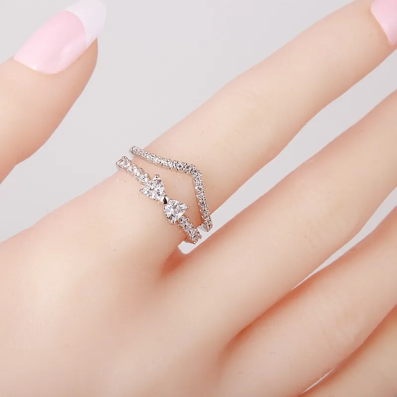 Новое поступление кольца для женщин V образное кольцо с цирконом Двухслойное